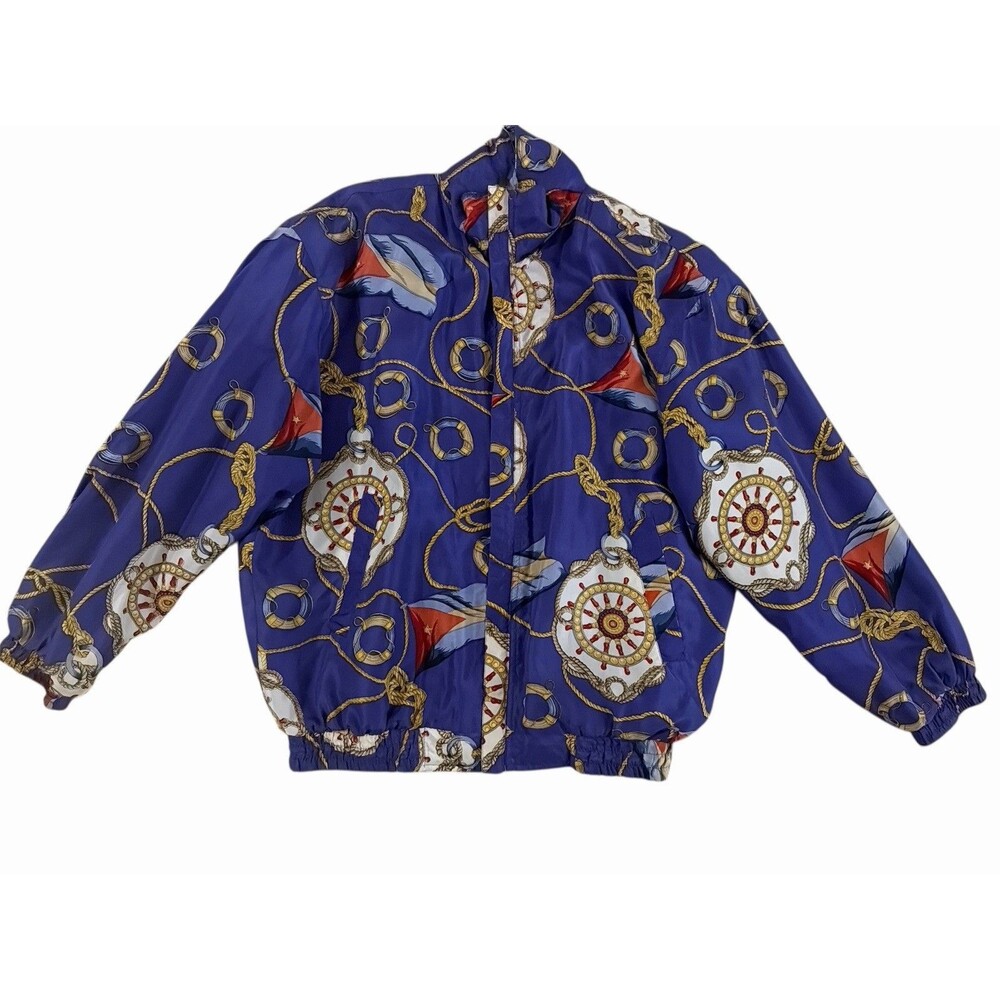 Fuda International Woman 100% Silk Jacket XL Blue Nautical Print Vintage Style